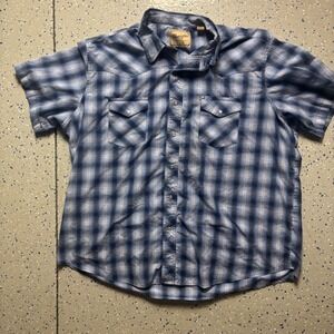 Wrangler Mens 2XL Plaid Short Sleeve Pearl Snap Western Shirt Blue White